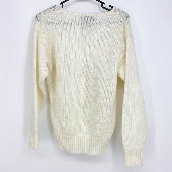 Vintage Angenie Ivory Wool Blend Sweater Sequin Pearl Accents Woman's Face Small - Picture 5 of 6